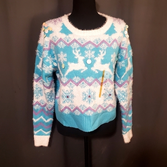 33 Degrees Sweaters - 33 Degrees Blue Holiday Christmas Reindeer Argyle Rhinestone Sweater NWOT Sz SM